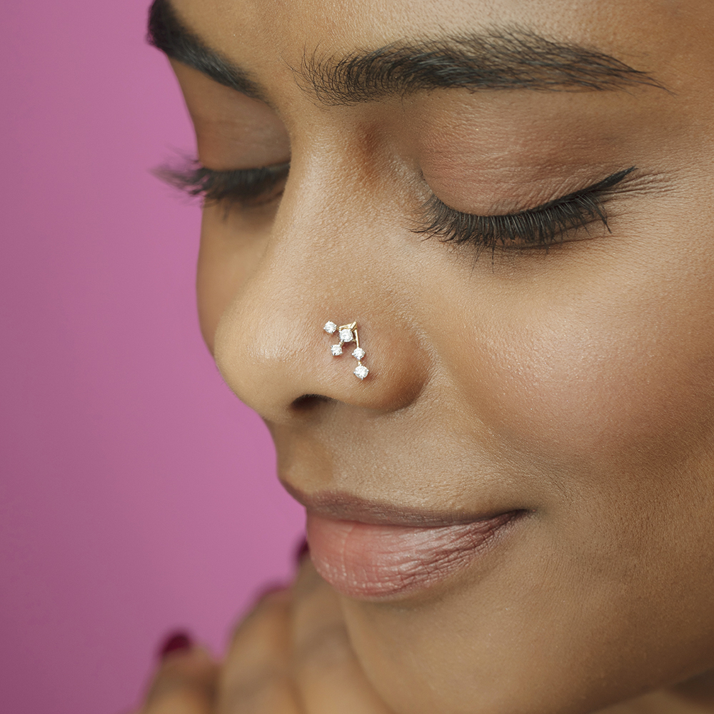 Dancing Beam Gold & Diamond Nose Pin,,hi-res thumbnail 2