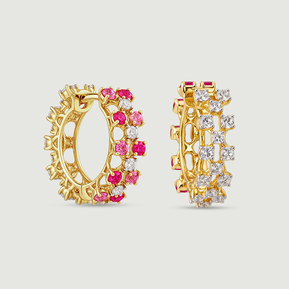 Graphic Triple Row Sapphire and Ruby Hoop Earrings,,hi-res thumbnail 4