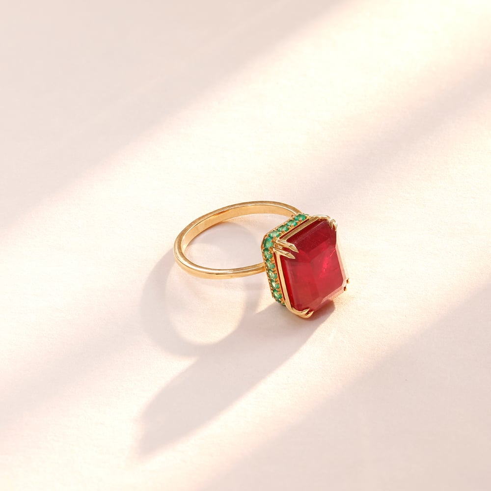 Bold Framed Onyx and Ruby Ring