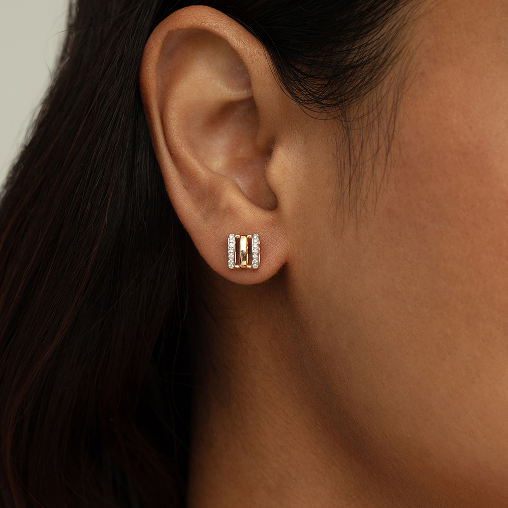Sleek Dual-Bar Gold & Diamond Stud Earrings,,hi-res thumbnail 2