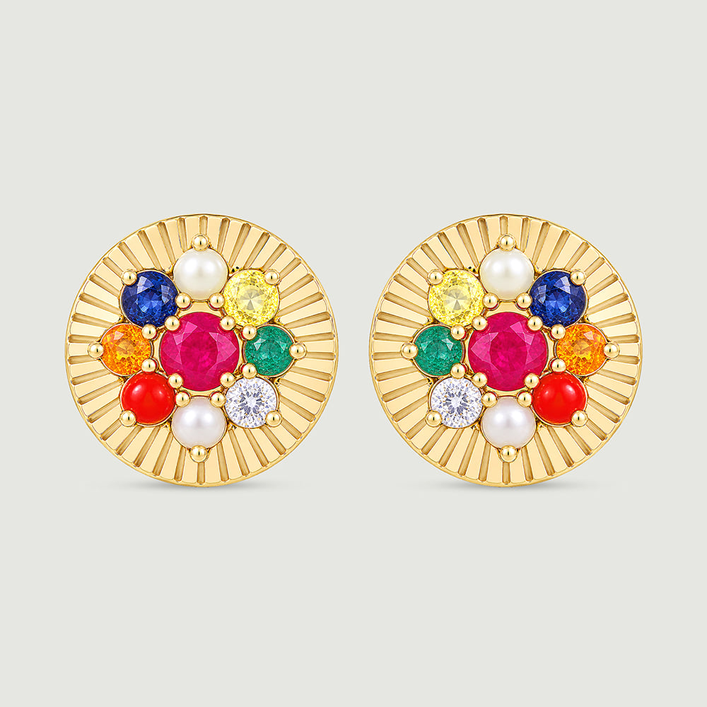 Radiant Navaratna Diamond Stud Earrings,,hi-res thumbnail 3