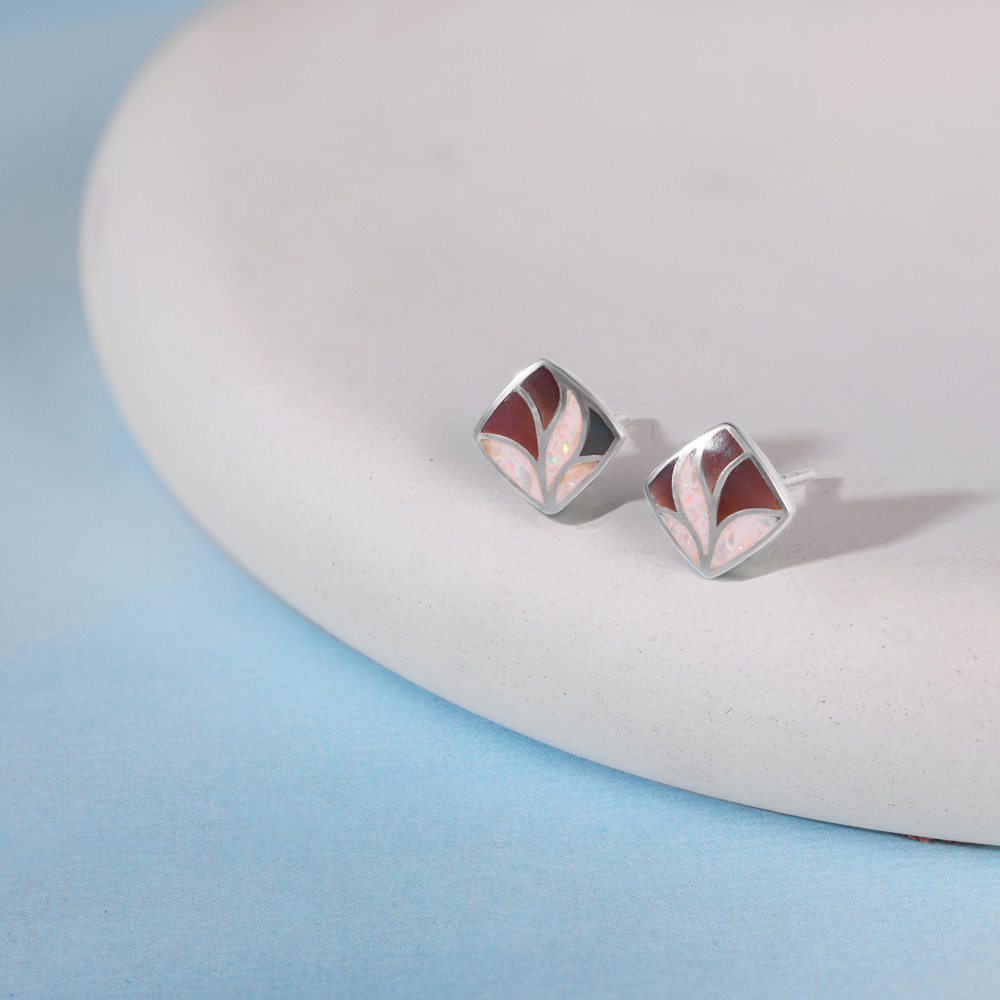 Artistic Mosaic Opal Silver Stud Earrings