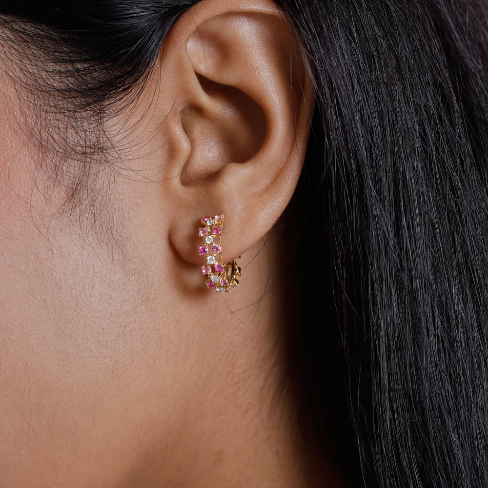 Graphic Triple Row Sapphire and Ruby Hoop Earrings,,hi-res thumbnail 2