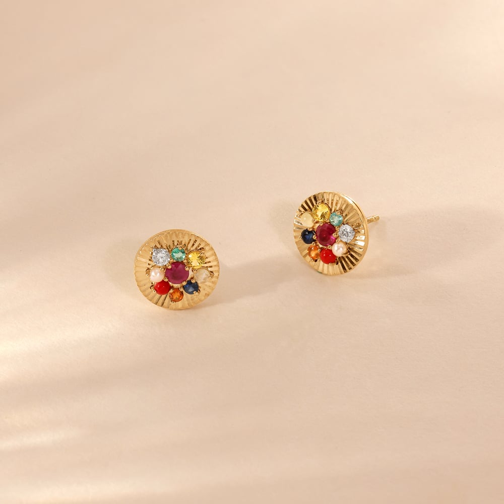 Radiant Navaratna Diamond Stud Earrings
