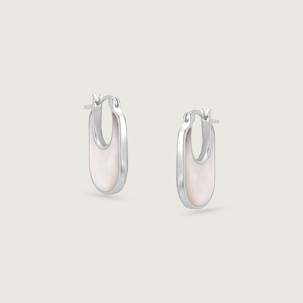 Soft Contemporary Mother of Pearl Silver Hoop Earrings,,hi-res thumbnail 3