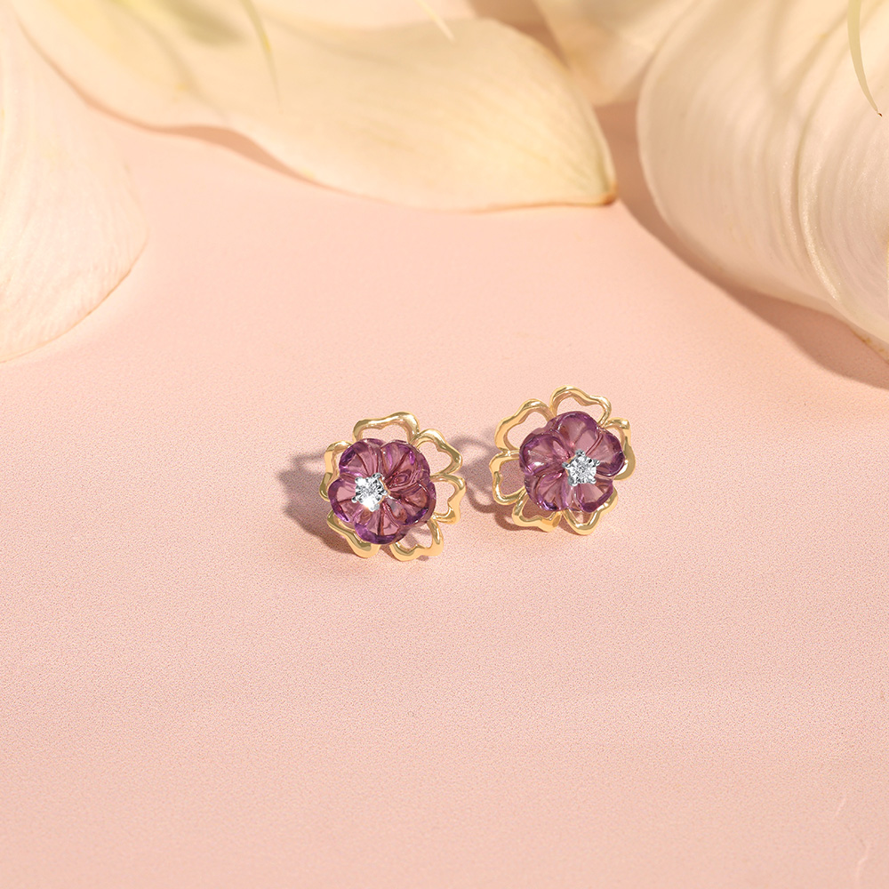 Floral Finesse Amethyst & Diamond Stud Earrings,,hi-res thumbnail 2