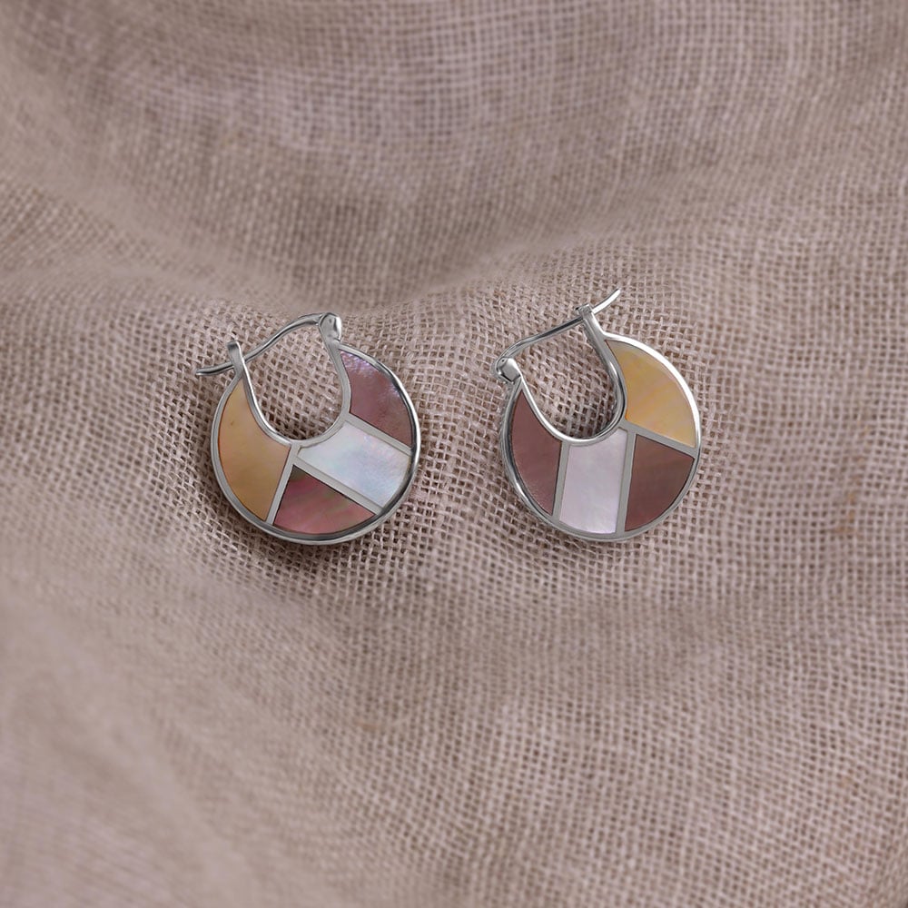 Intricate Radiant Mother of Pearl Silver Hoop Earrings