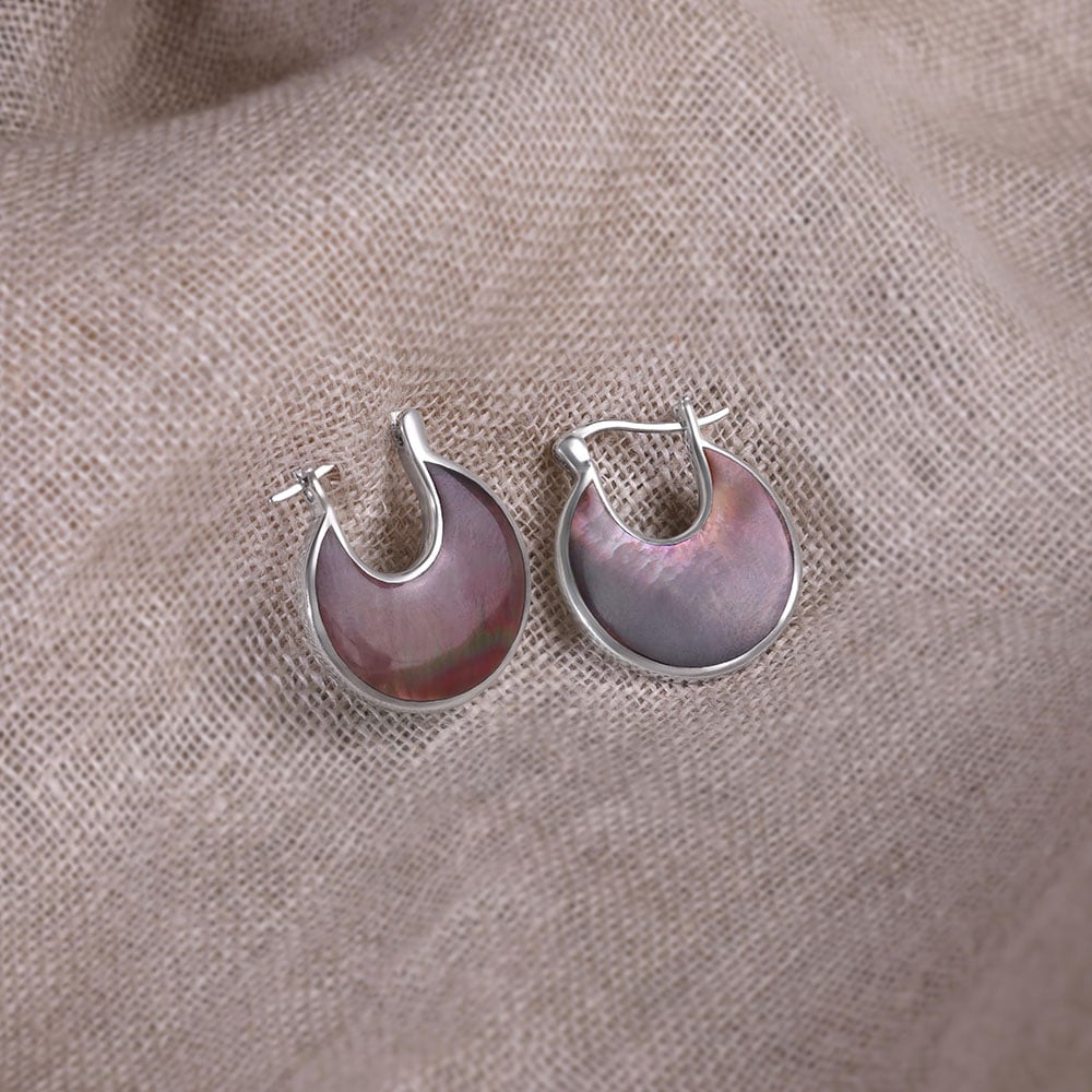 Earthy Dramatic Mother of Pearl Silver Hoop Earrings