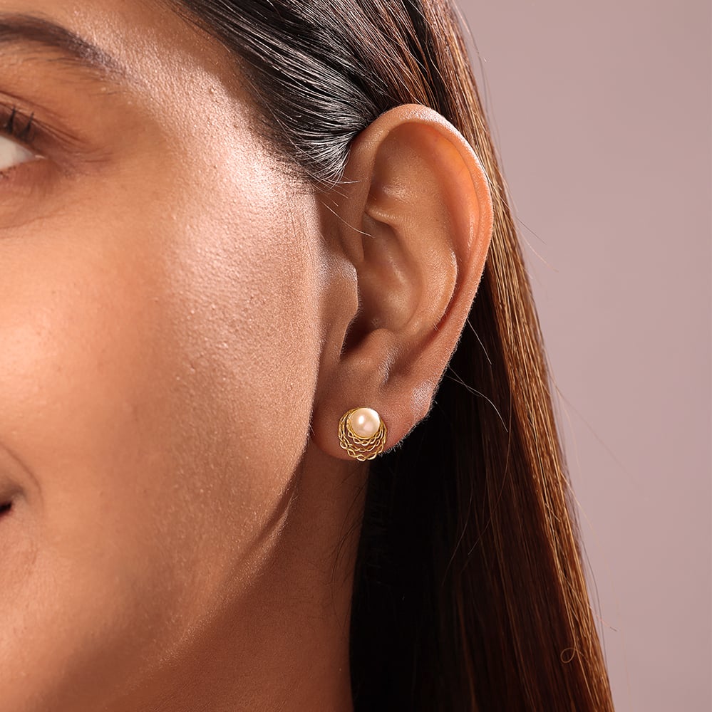 Radiant Halo 18KT Gold & Pearl Stud Earrings,,hi-res thumbnail 2