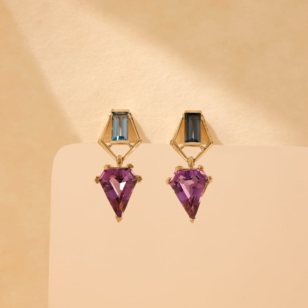 Balanced Contrasting Amethyst and Topaz Drop Earrings