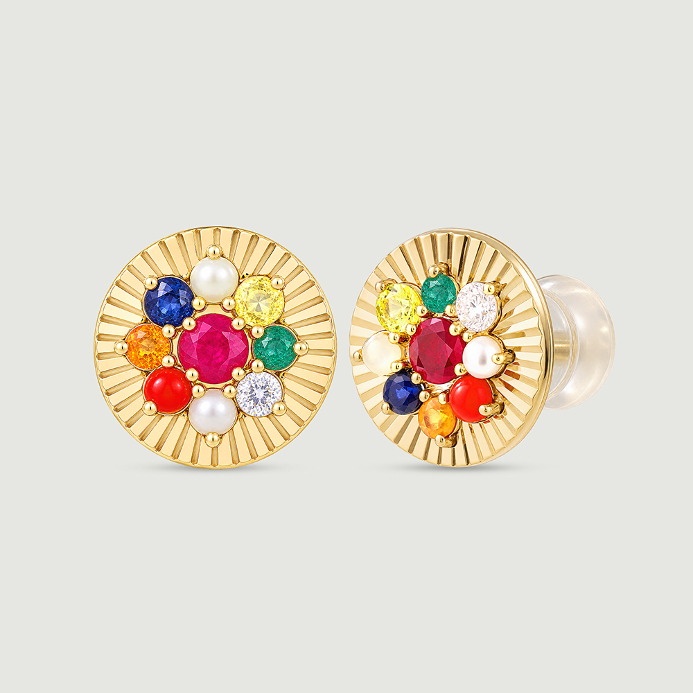 Radiant Navaratna Diamond Stud Earrings,,hi-res thumbnail 4