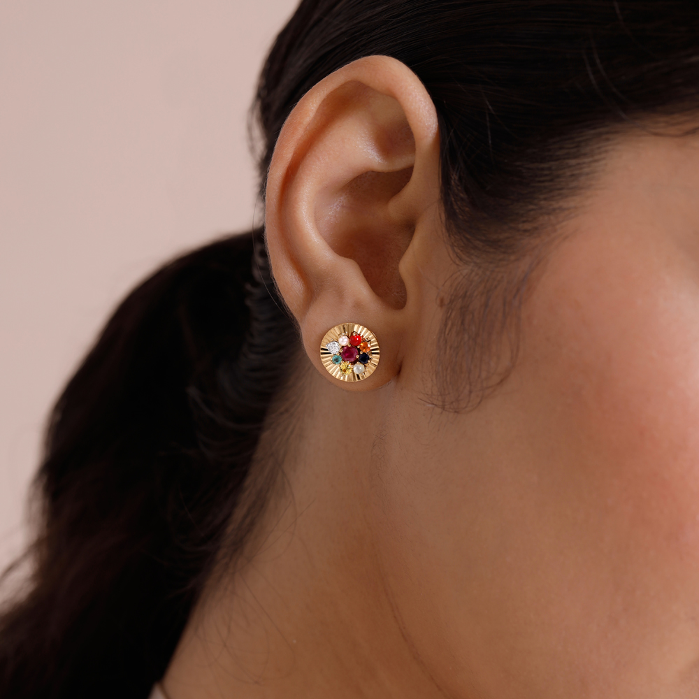 Radiant Navaratna Diamond Stud Earrings,,hi-res thumbnail 2
