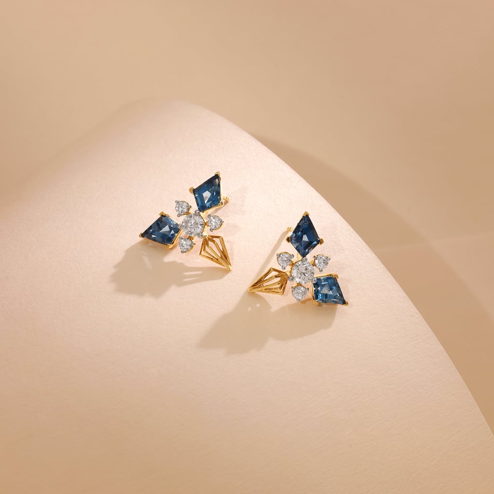 Geometric Blue Topaz Gold Stud Earrings