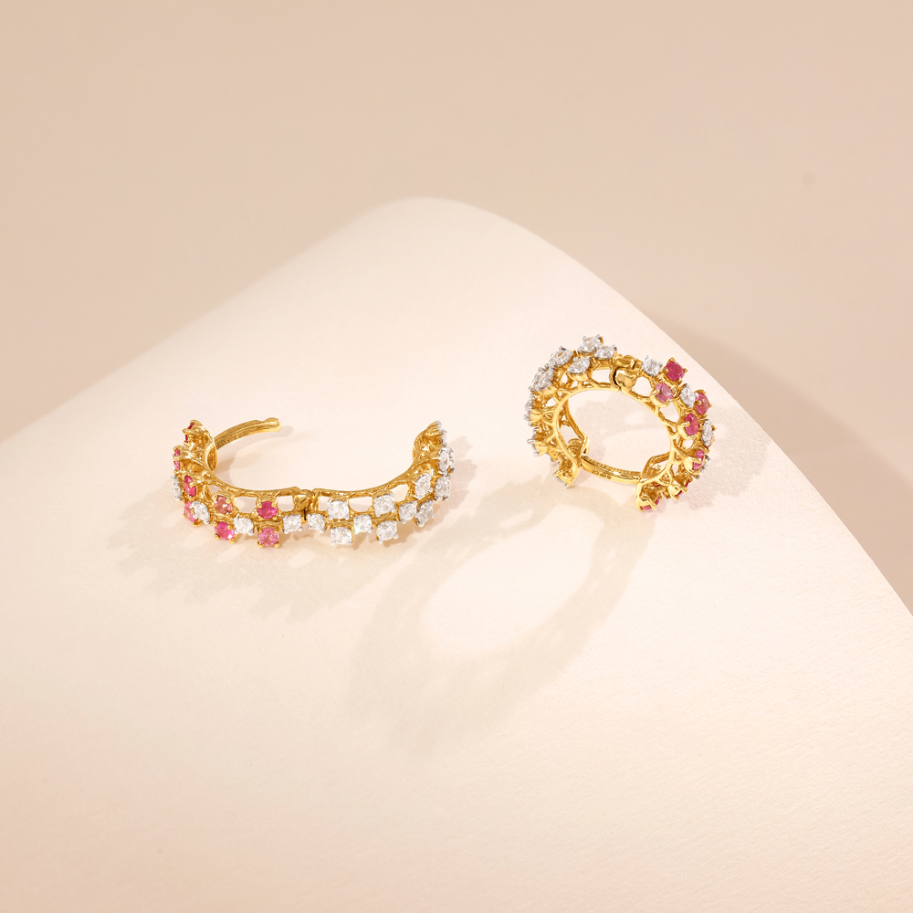 Graphic Triple Row Sapphire and Ruby Hoop Earrings