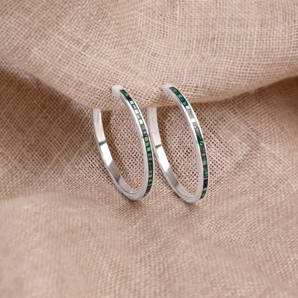 Vibrant Sleek Abalone Silver Hoop Earrings