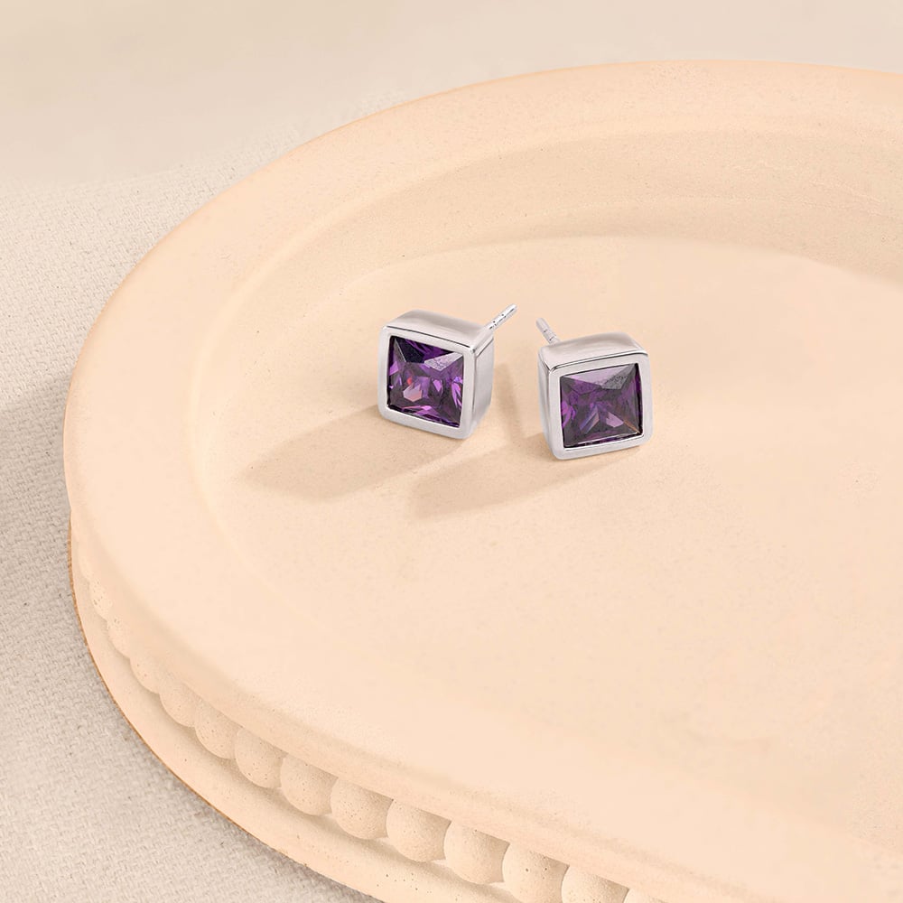 Vivid Geometric Amethyst Silver Stud Earrings