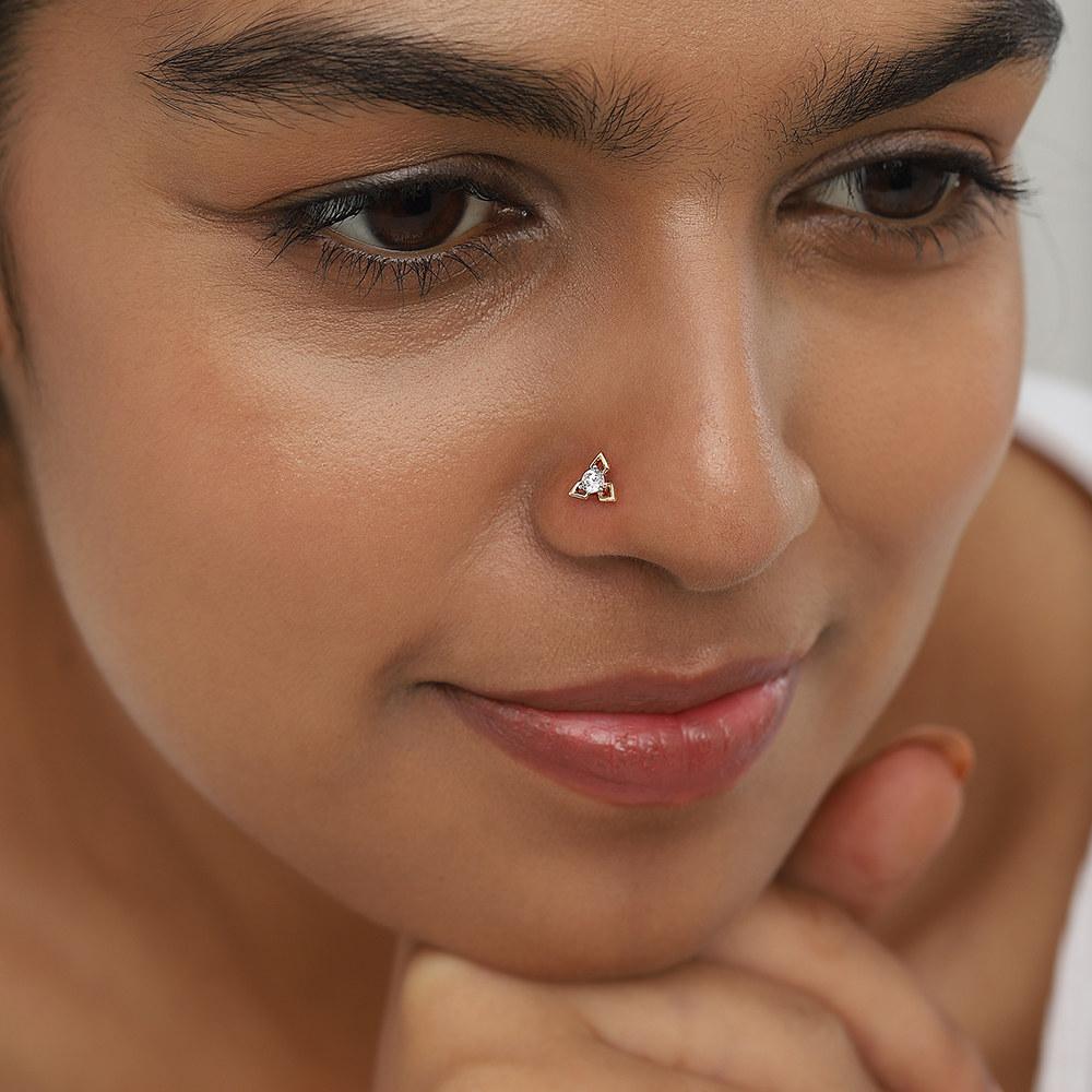 Triple Petal Gold and Diamond Nose Pin,,hi-res thumbnail 2